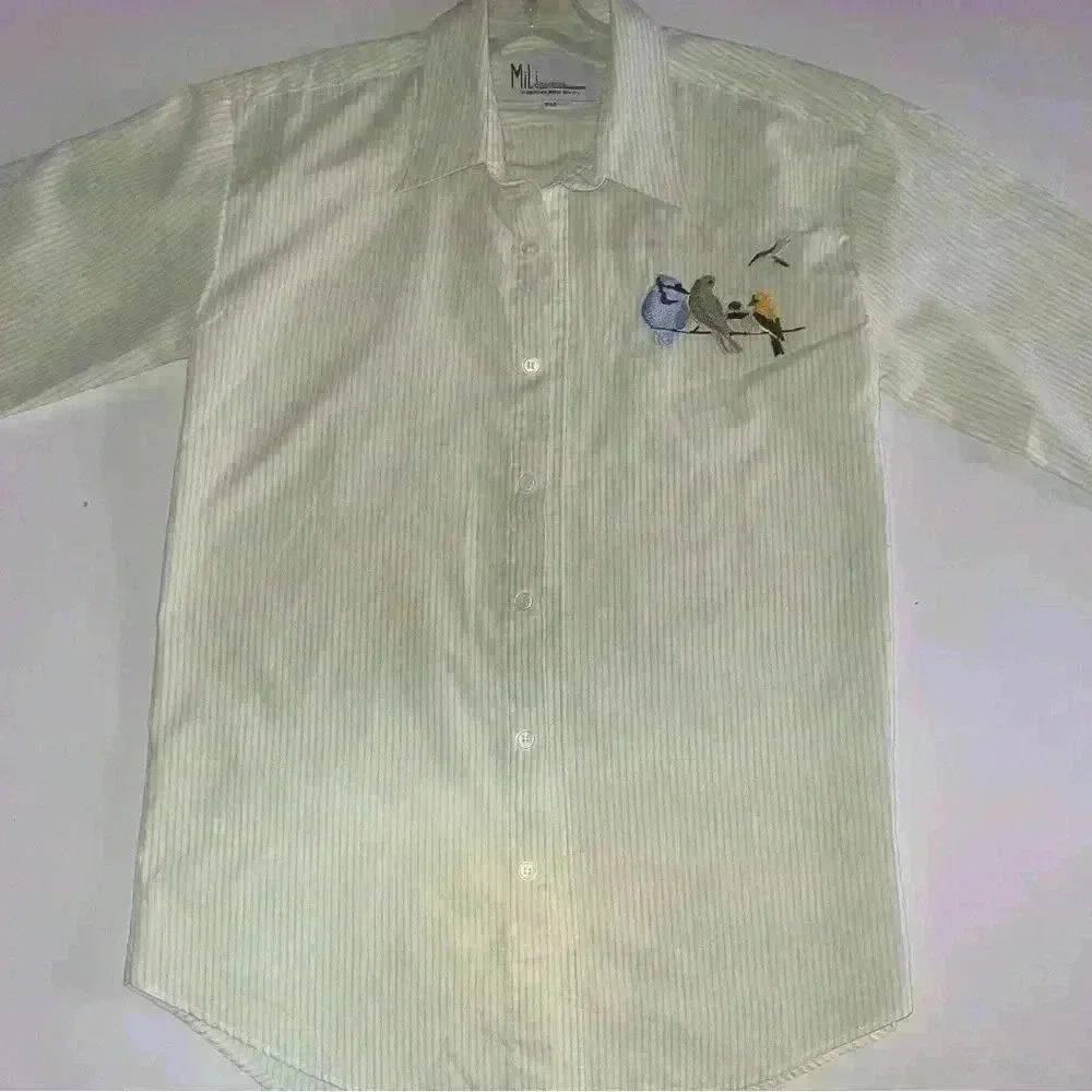 Vintage MiLi designsPinstriped Button-Up Shirt with  Embroidered Birds